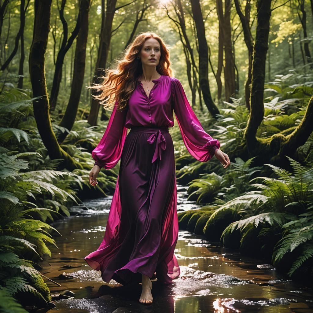 Ginger Woman in Forest Stream, Professional Portrait