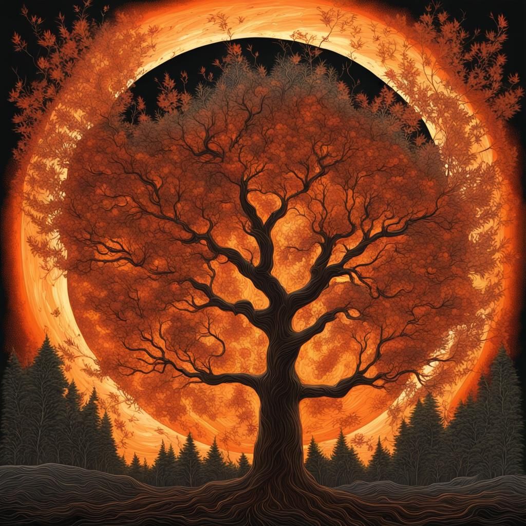Fiery Moon Portrait with Burning Trees