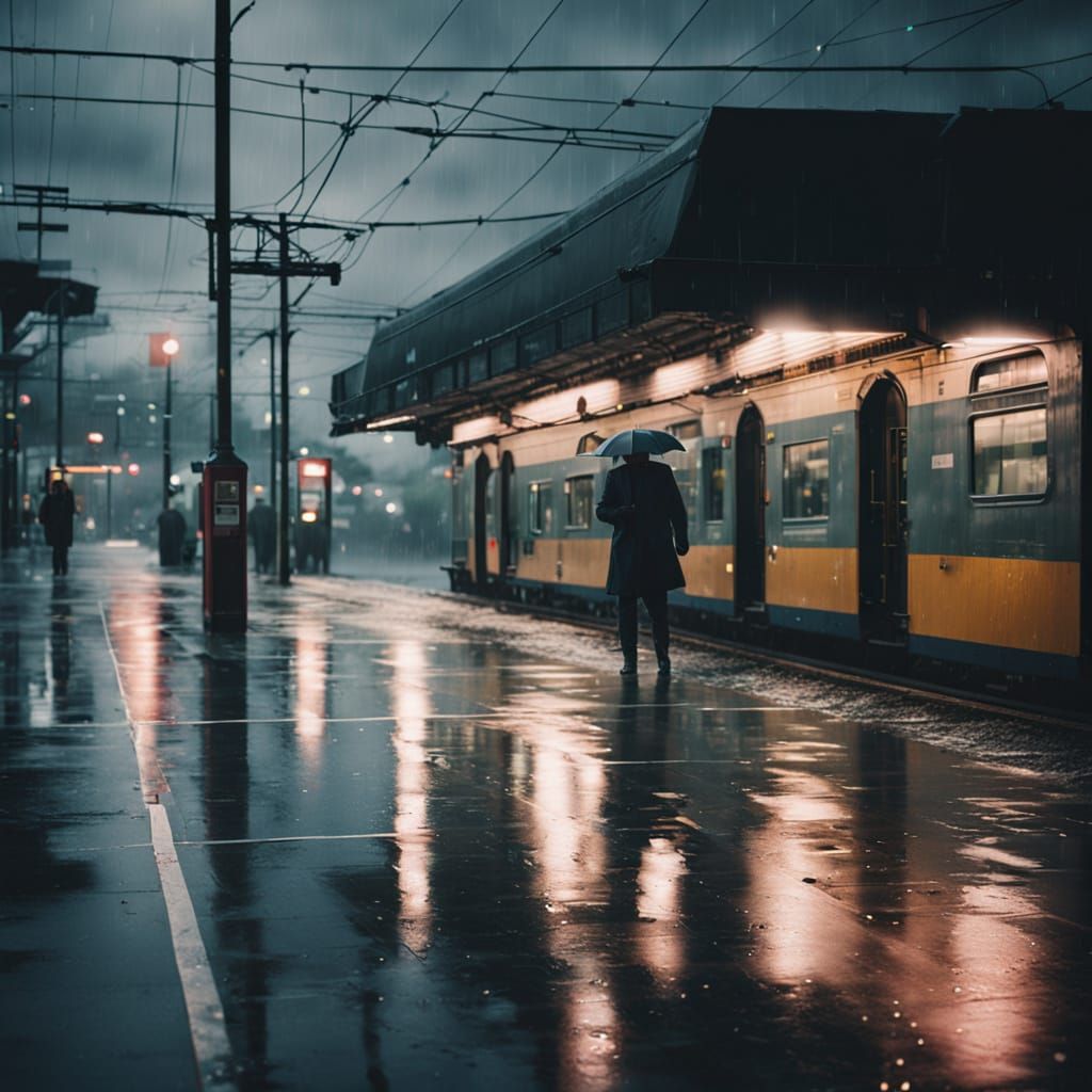 Gloomy Evening Train Station in Moody Film Noir Style