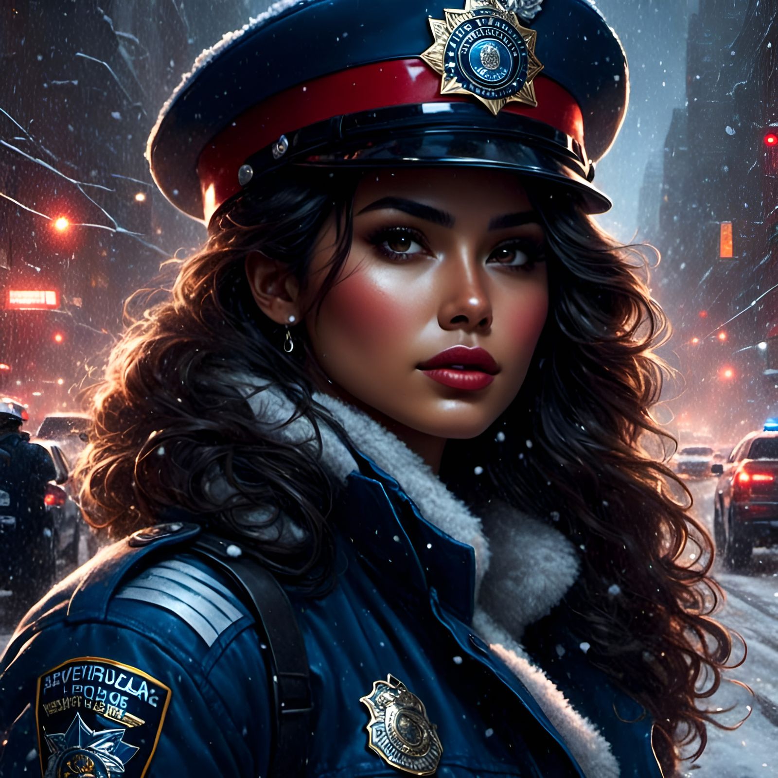 Hispanic Police Woman in Santa Hat, Hyperrealistic Portrait
