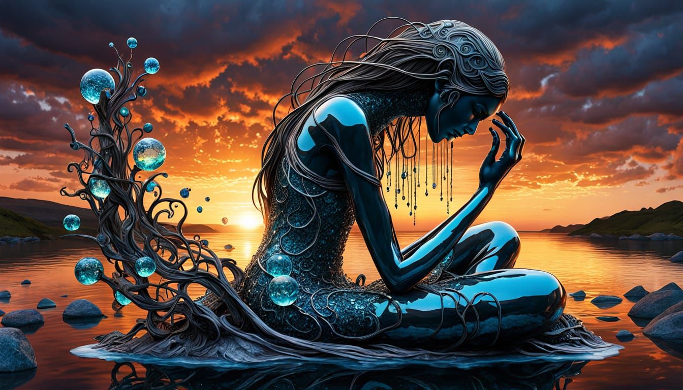 Surreal Fragmented Sculpture of Woman at Sunset