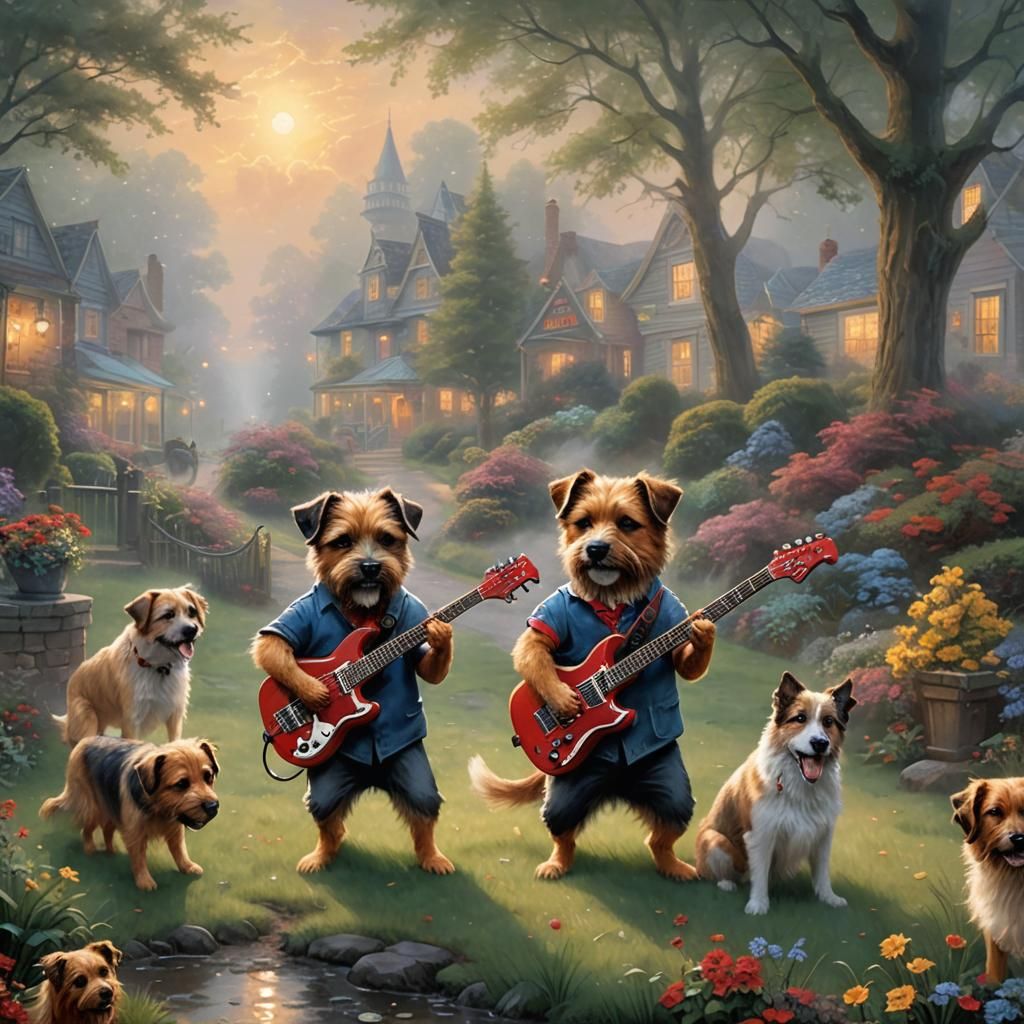 Border Terriers playing the electric guitar
