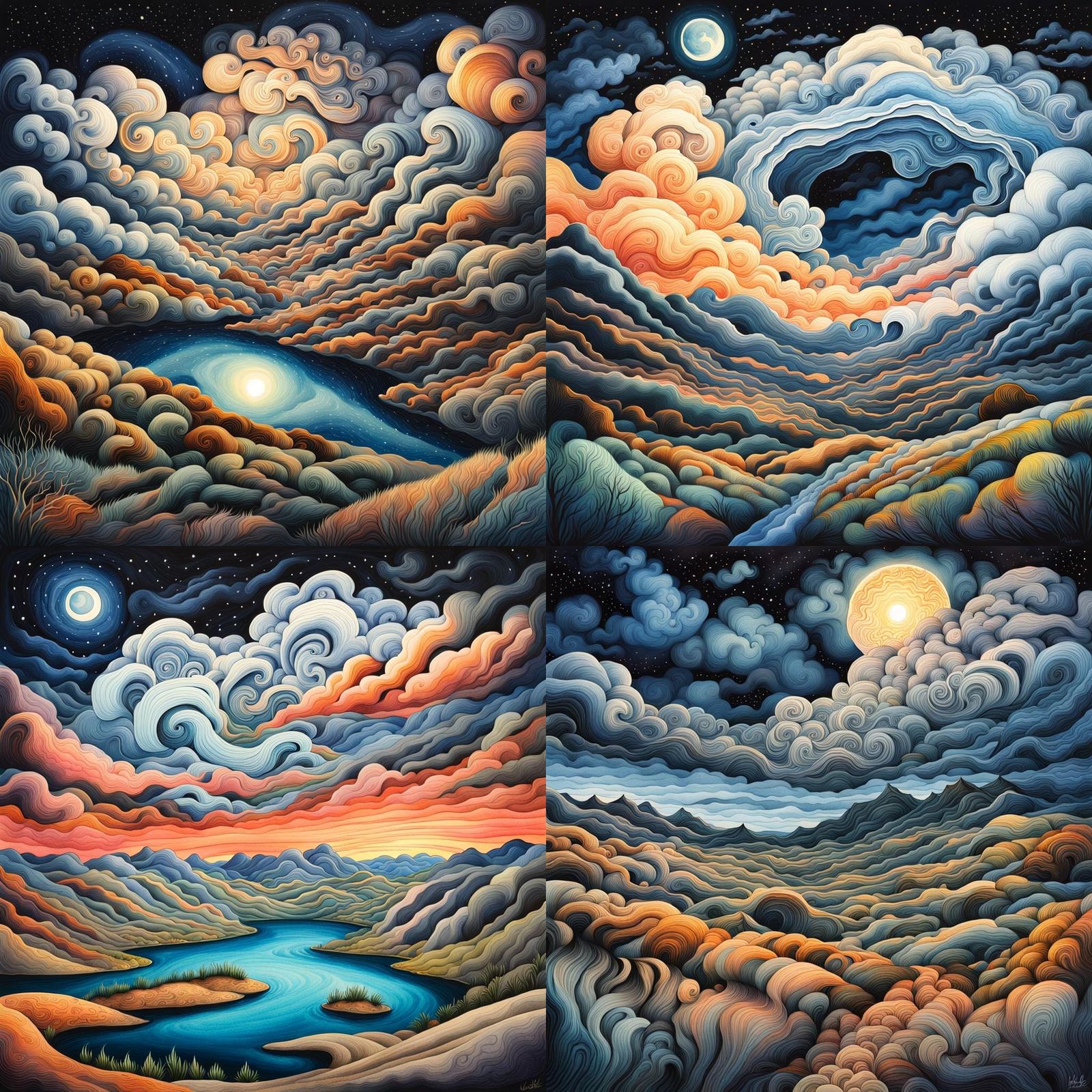 Surreal Night Landscape with Swirling Clouds