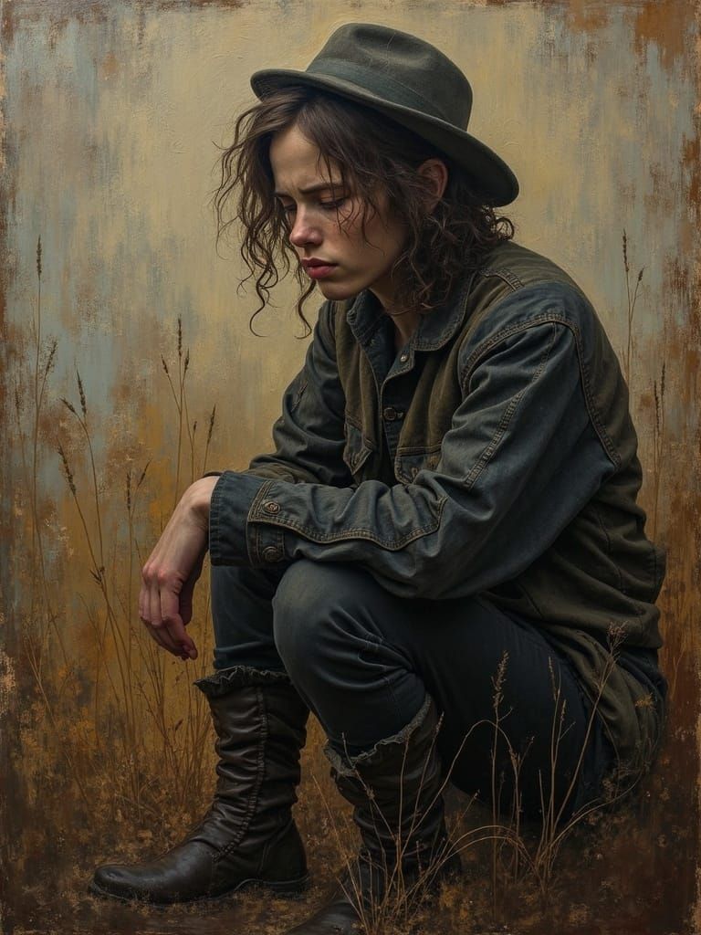 Sorrowful Oil Painting with Rich Colors and Doubtful Tones