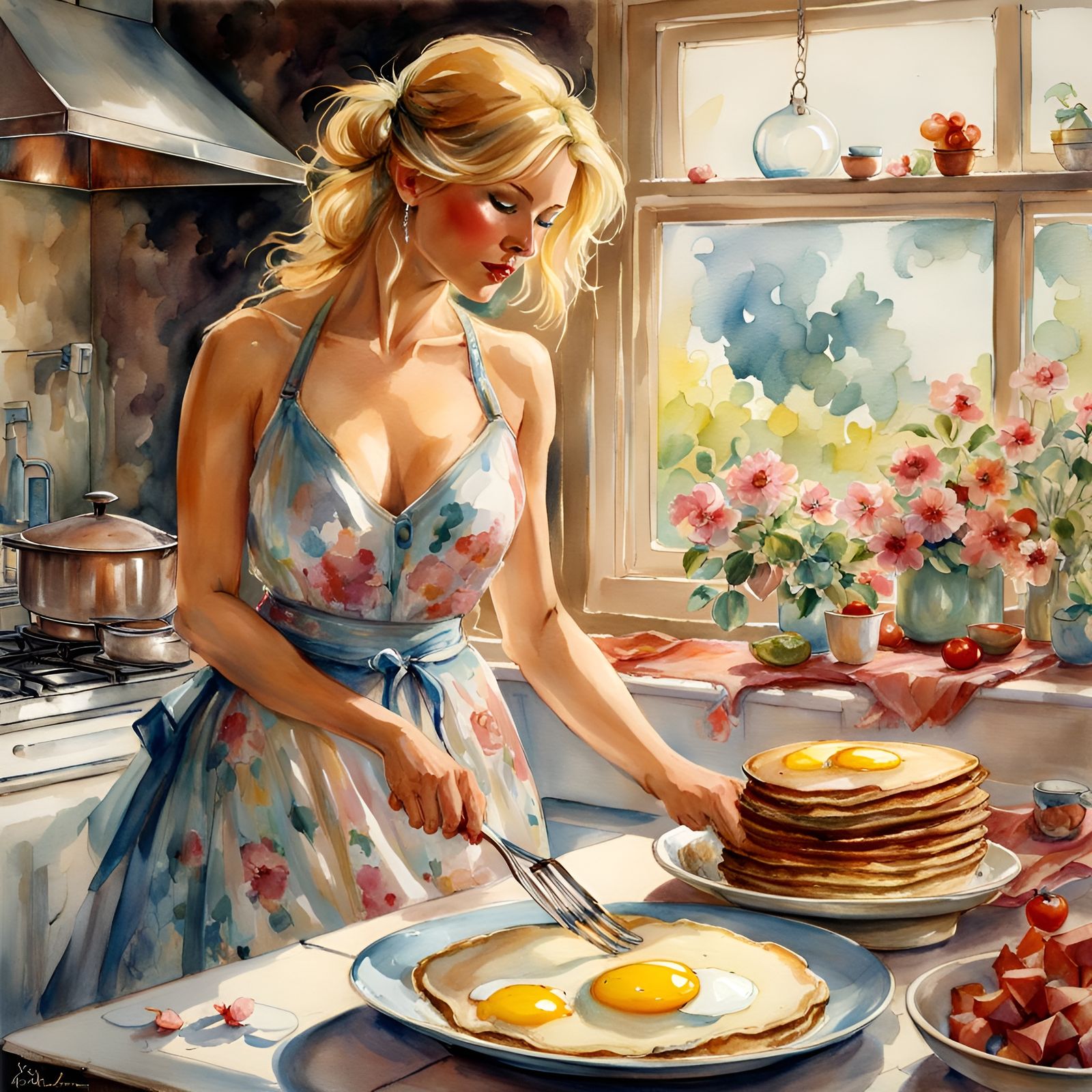 Retro Kitchen: Woman with Bacon, Eggs, Pancakes