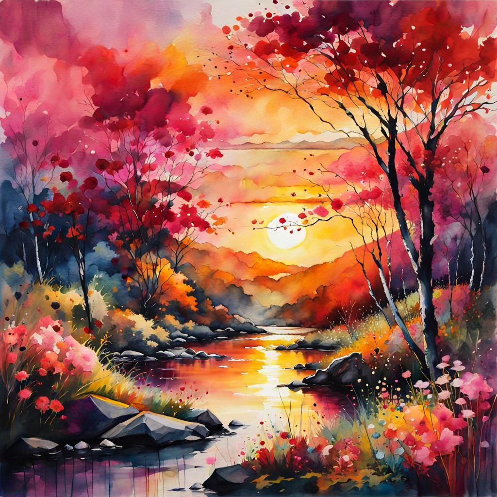 Bloodmoon Summerscape Sunset in Digital Watercolor