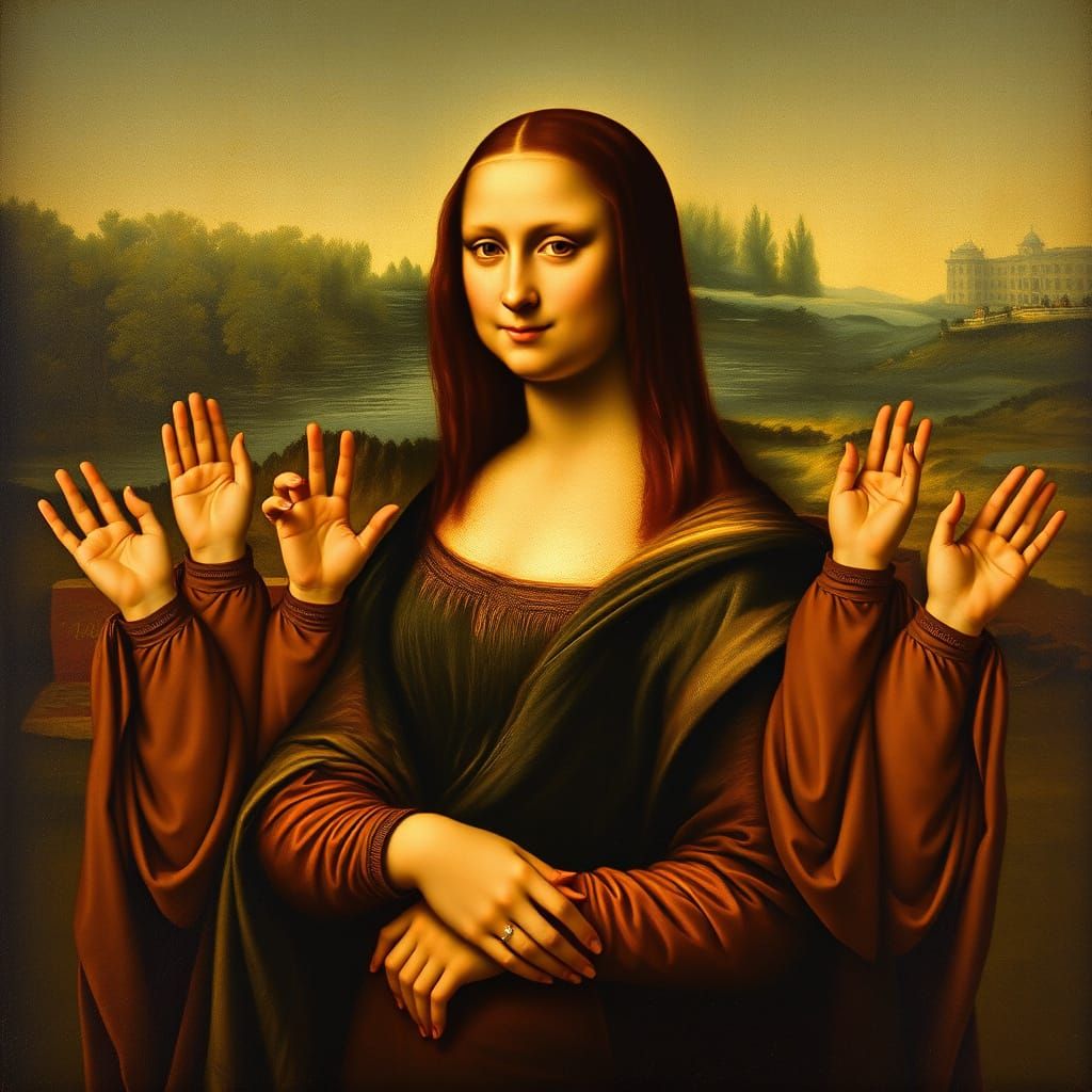 Surreal Mona Lisa with Multiple Arms