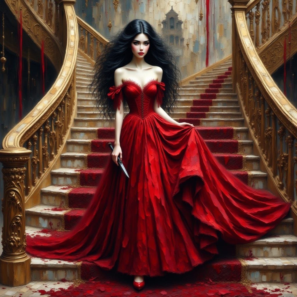 Gothic Princess with Crimson Dress and Hidden Dagger
