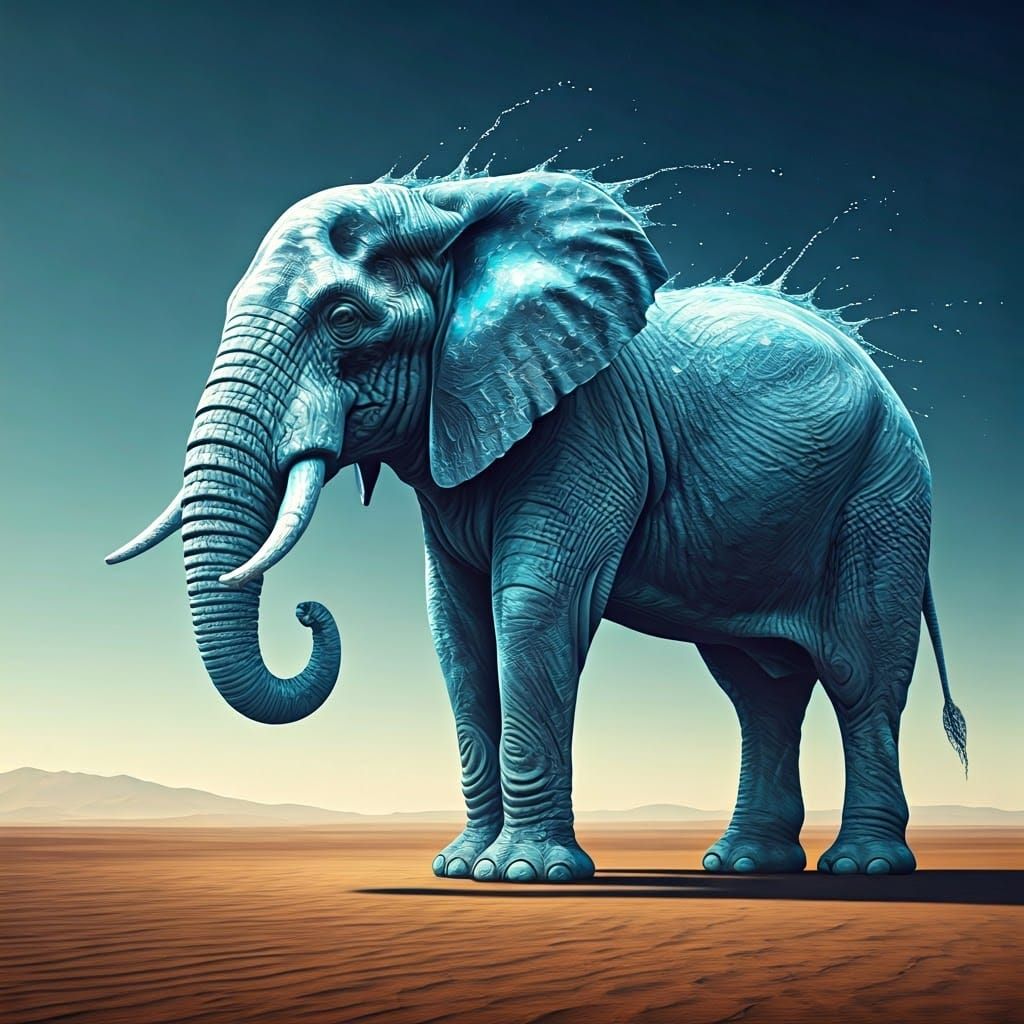 Shimmering Water Elephant in Desert Landscape