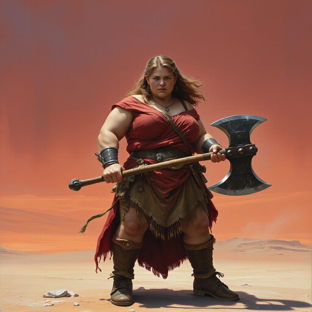 Elven Warrior Woman in Crimson Desert, Botero Style