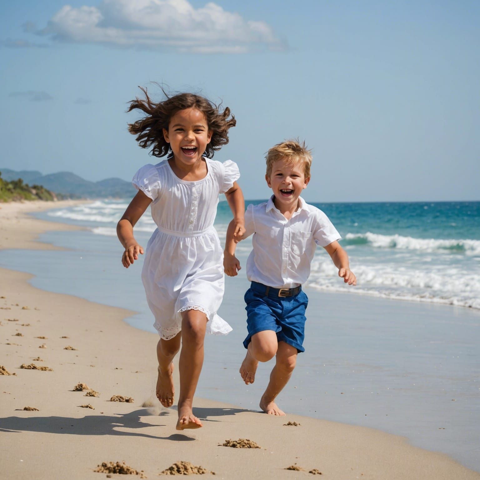 Joyful Children Playing on Sandy Beach, Portrait Photography