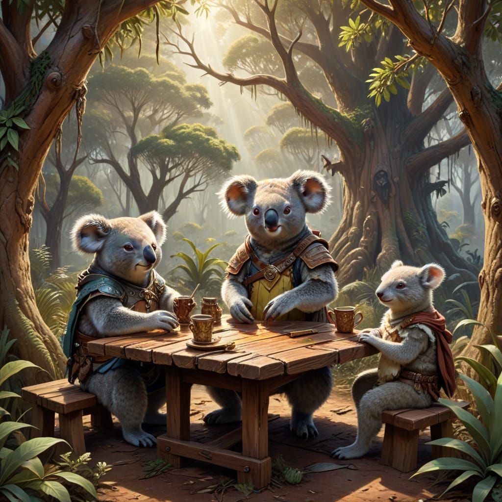 Australian Wildlife Play D&D in Bushland Oil Painting