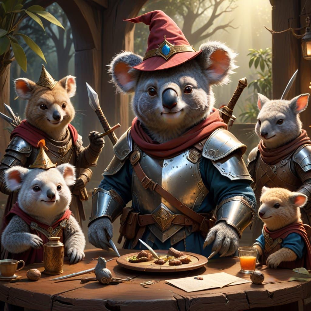Fantasy Koala RPG Party in Digital Painting Style
