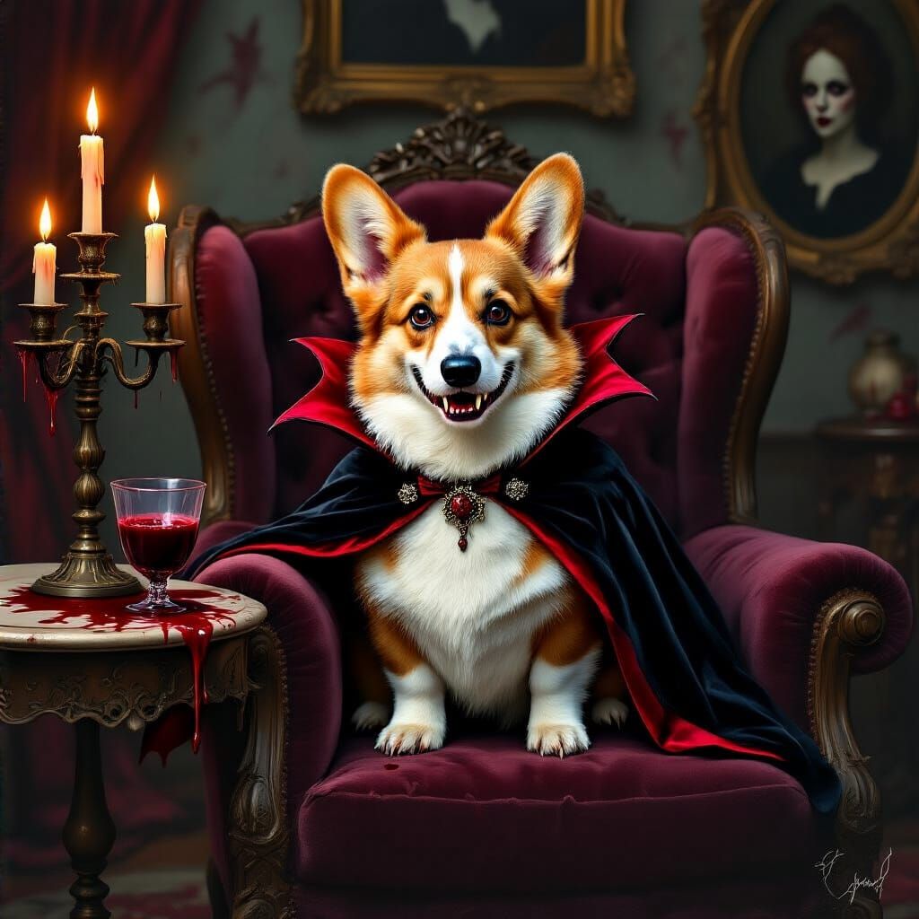 Regal Vampire Corgi in Velvet Cape on Armchair