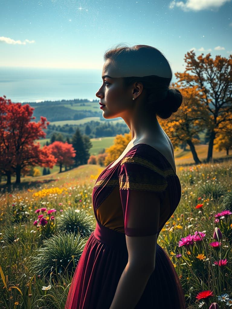 Woman in Meadow with Double Exposure Effect