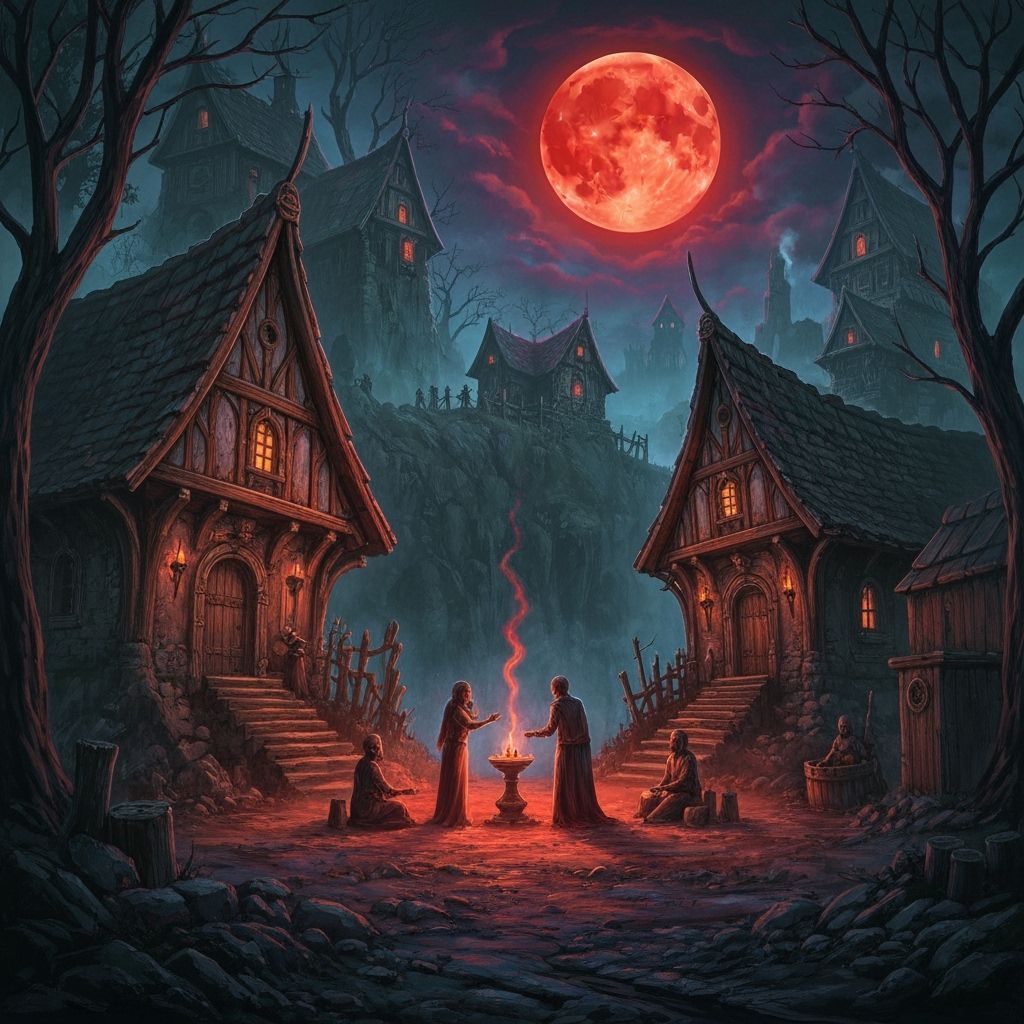 Cursed Village Under Blood Moon: Dark Fantasy Concept Art