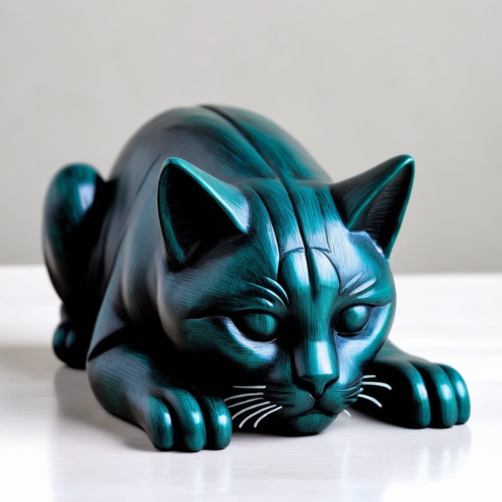 Face down back up stretching cat sculpture in dark wood