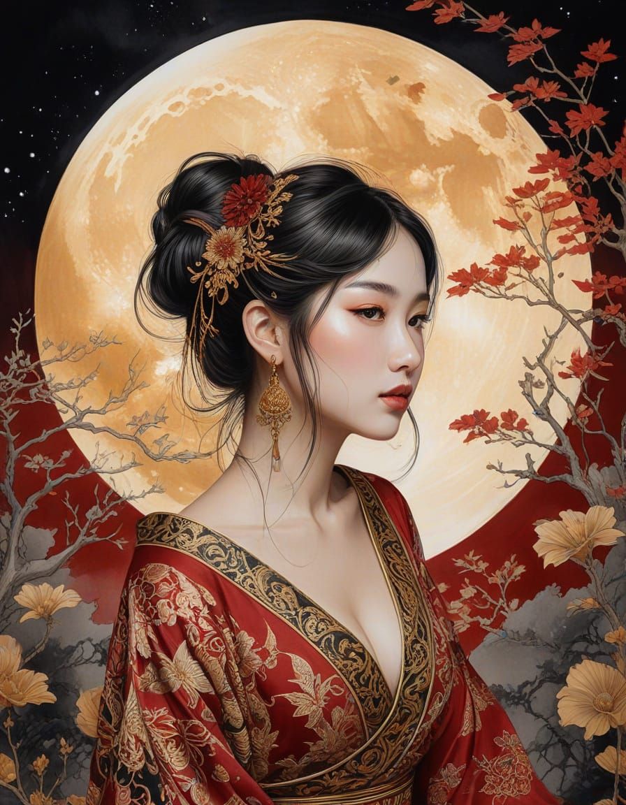 Oriental Ink Art Fairy Under Full Moon with Gold Accents