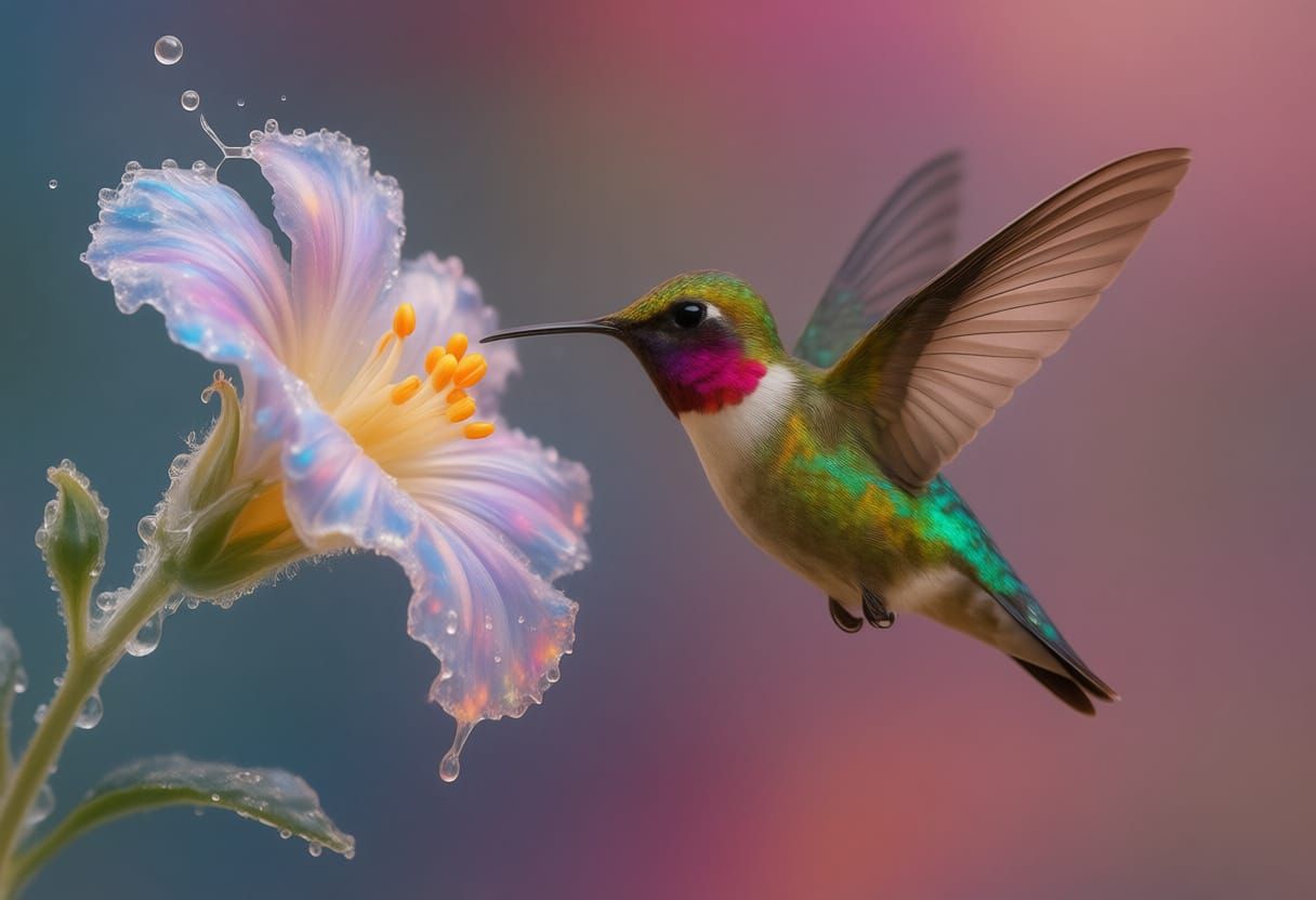 Hummingbird Drinks Nectar From Icy Glass Flower