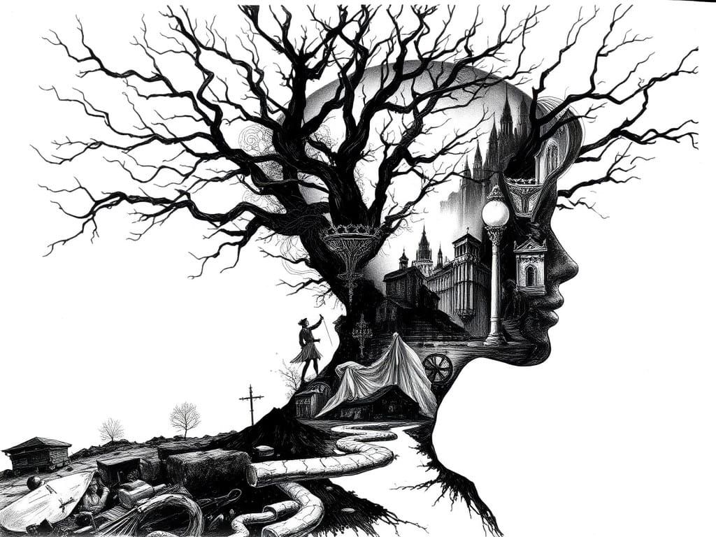 Timeless Double Exposure Ink Drawing in Black and White