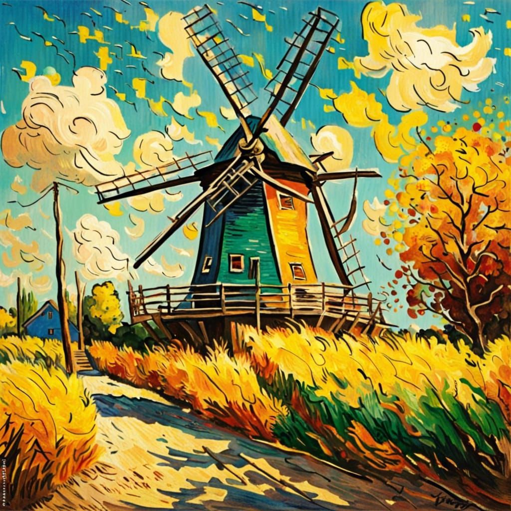 Sunny Windmill in Impressionist Gouache Style