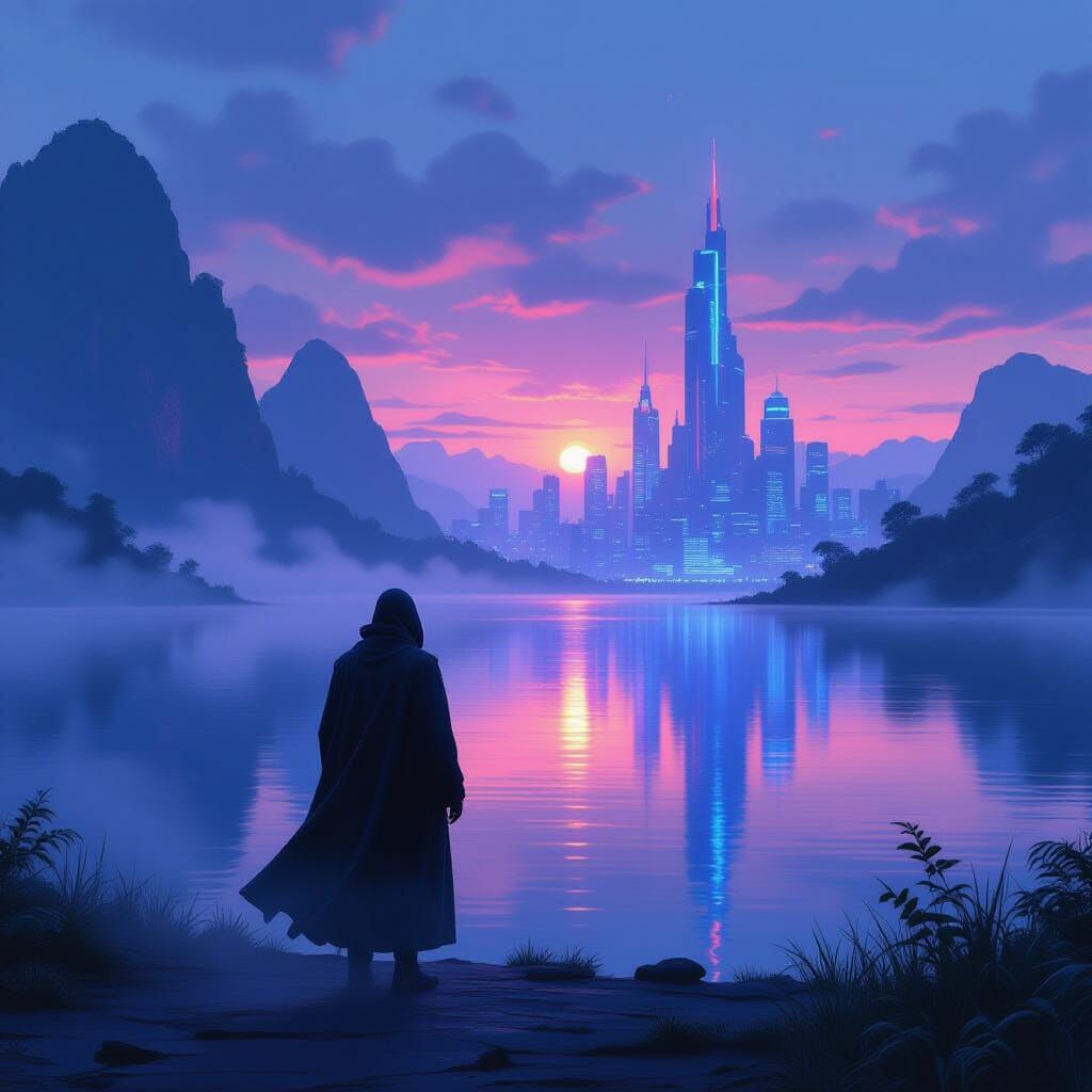 Futuristic Figure by Shimmering Lake at Dawn