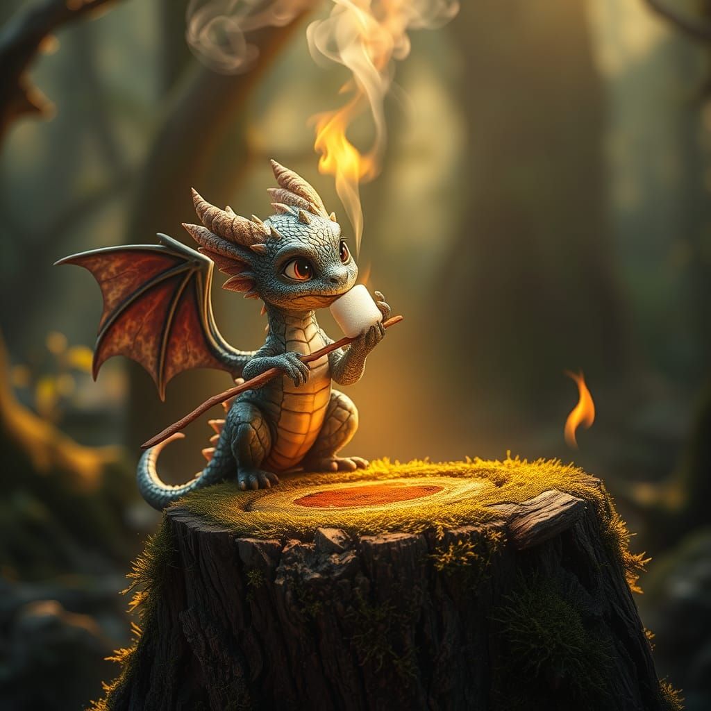 Little dragon eating marshmallow