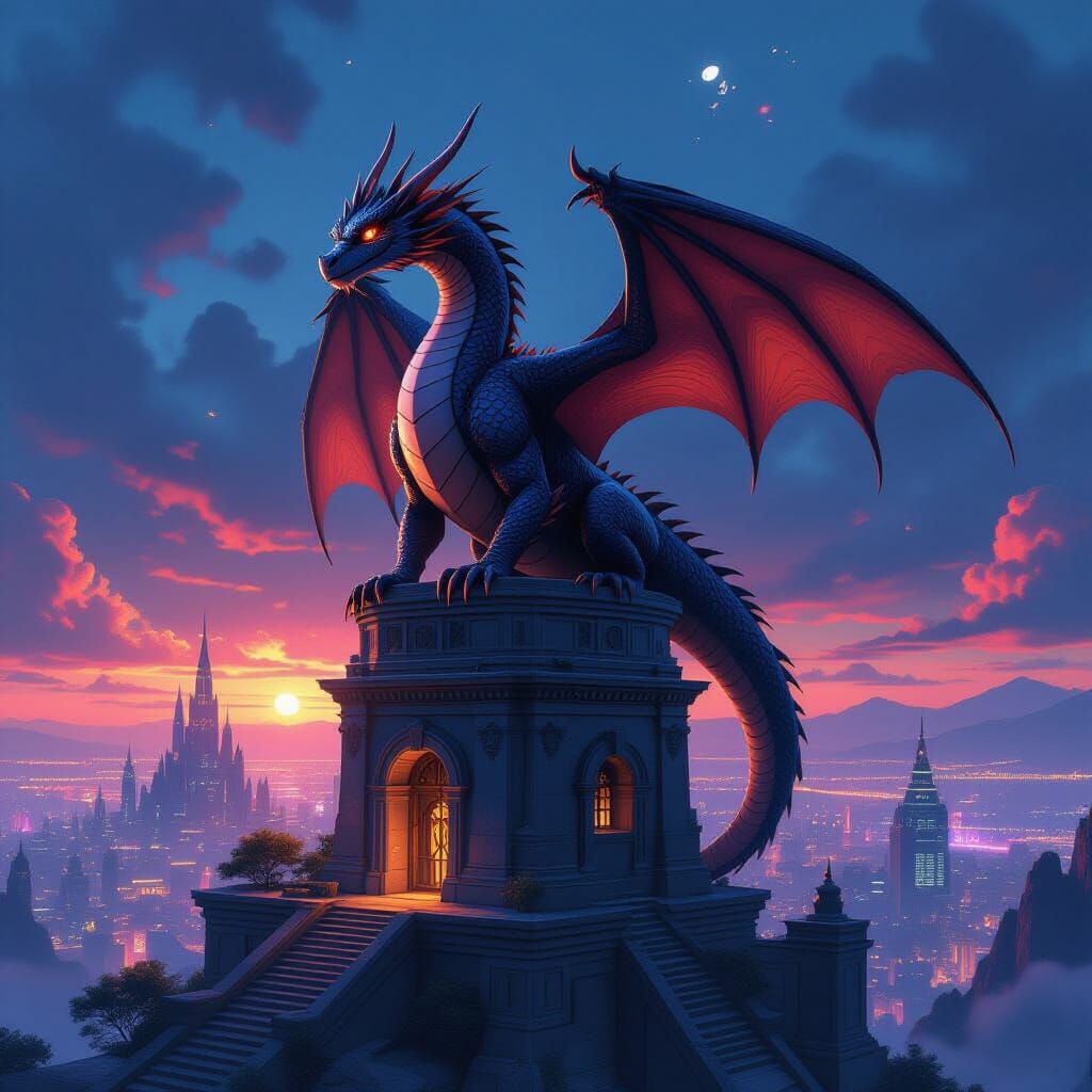 Dragon Over Futuristic City in 3D Anime Style