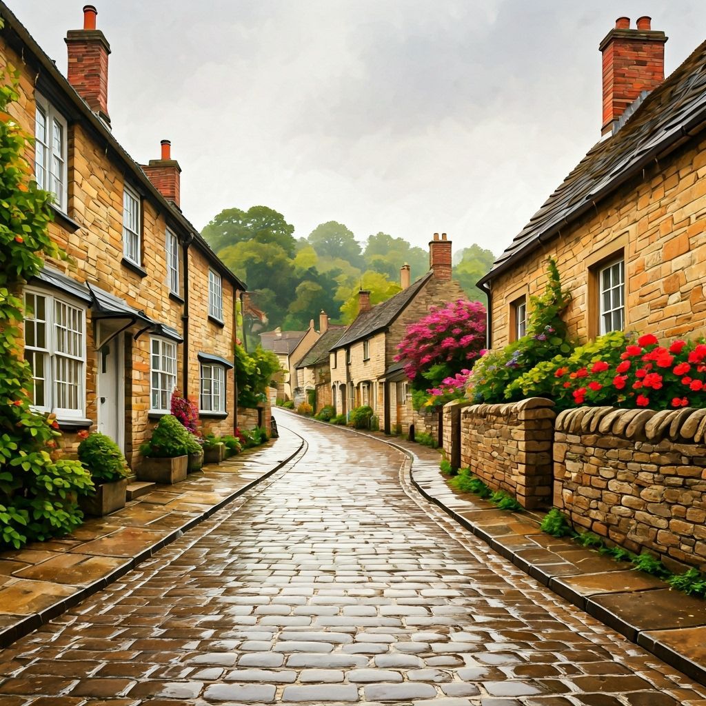 Rainy Village Scene in Impressionist Style