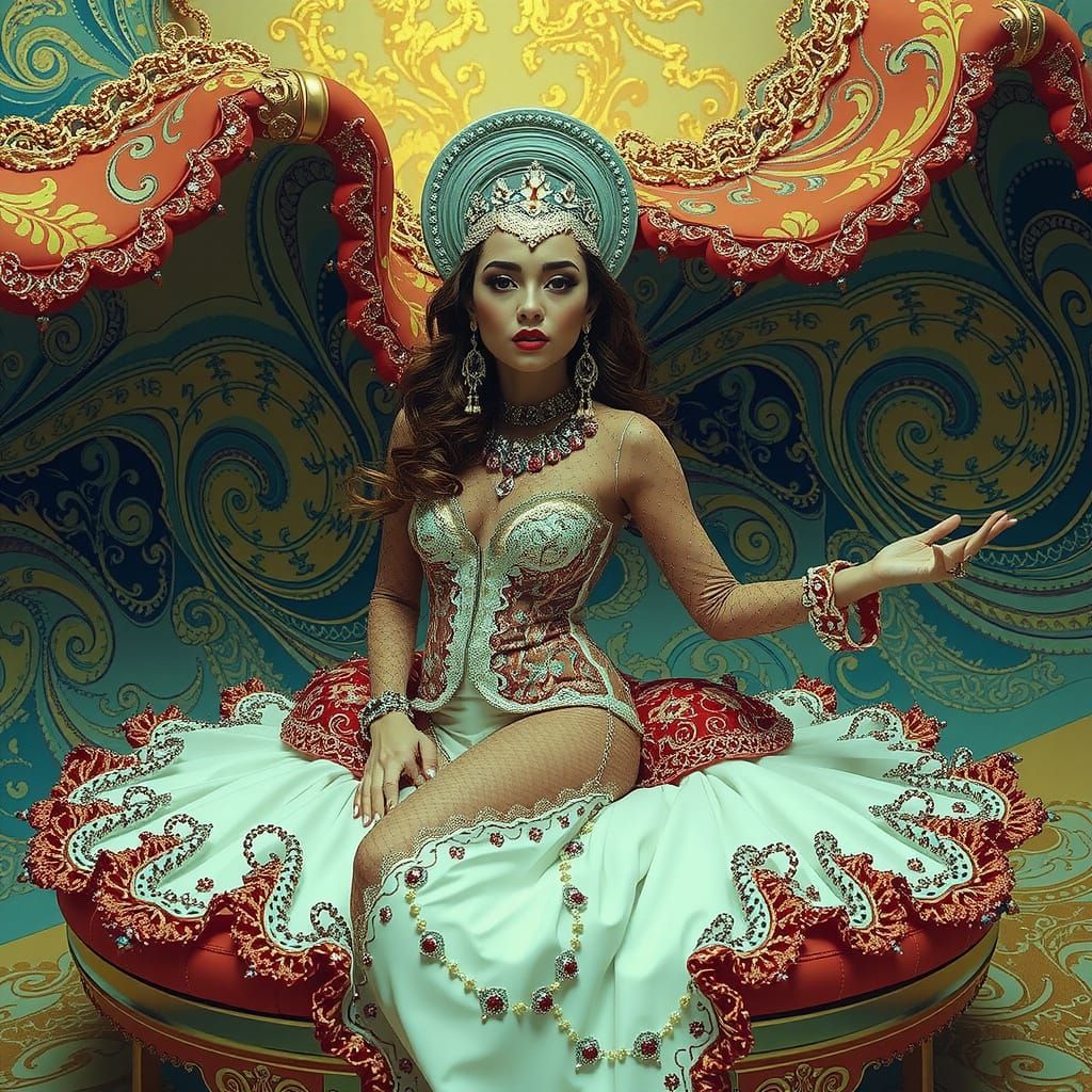 Elegant Woman in Surreal Psychedelic Environment