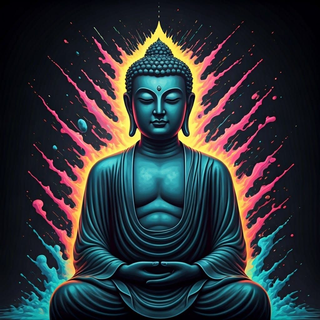 Ink splatter on a blue Buddha splash art surrealism ink draw...