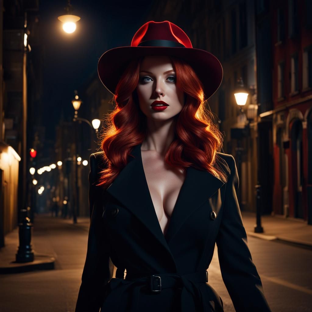 Redhead in Fedora Walking Up Street at Night