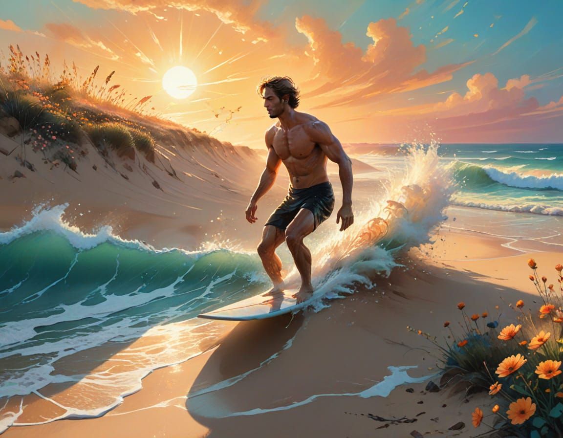 Surfer Carving Waves in Golden Hour Light