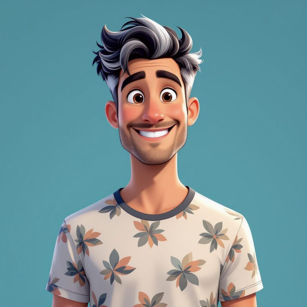 Man with Wavy Black and White Hair in Digital Art Style
