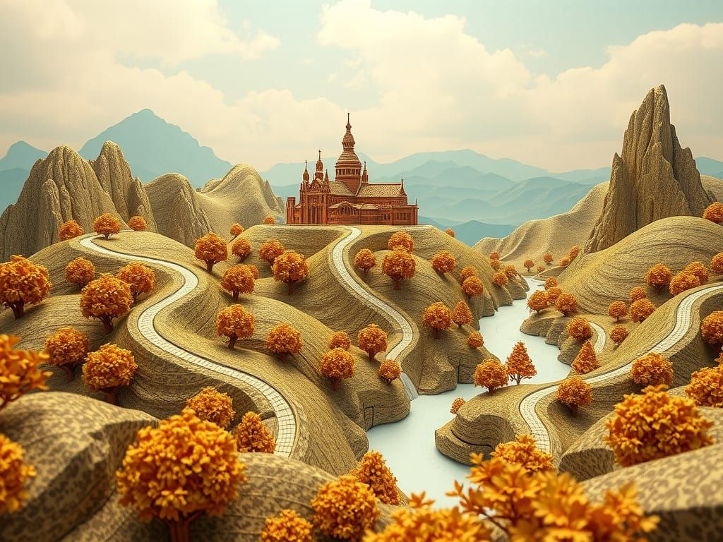 Surreal Filigree Landscape with Embroidery Texture