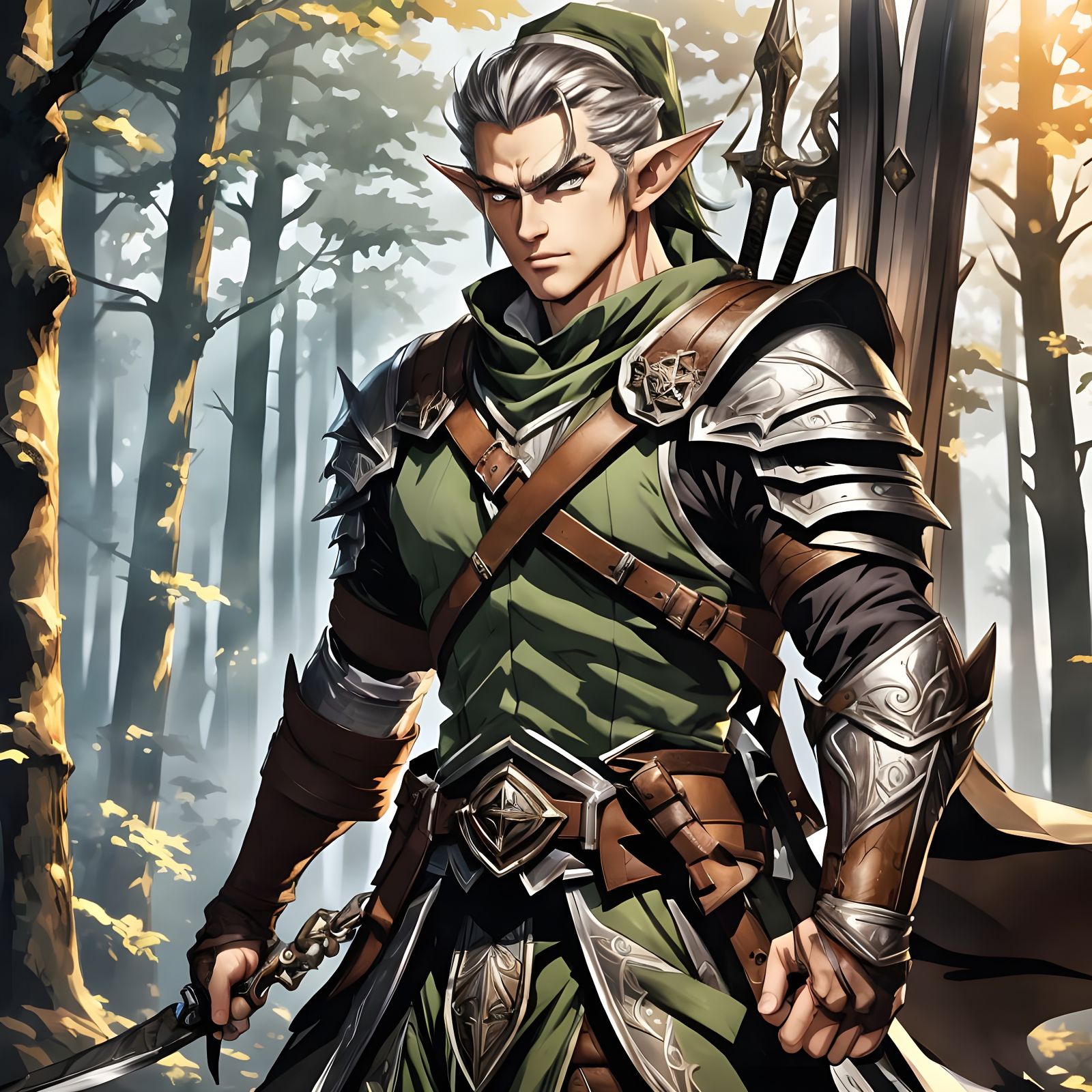 Anime Style Elf Ranger with Sword and Bow in Forest Landscap...