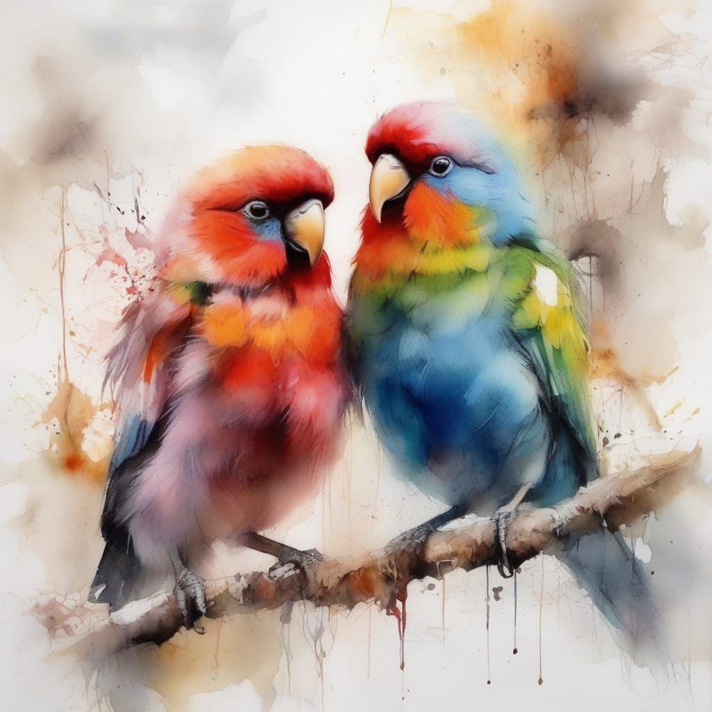Vibrant Lovebirds in Watercolour Style