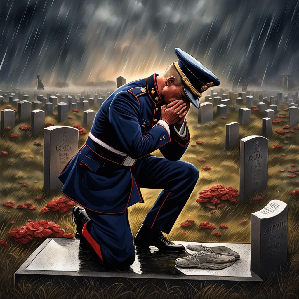 Marine Kneeling at Grave in Hyperrealistic Splash Art