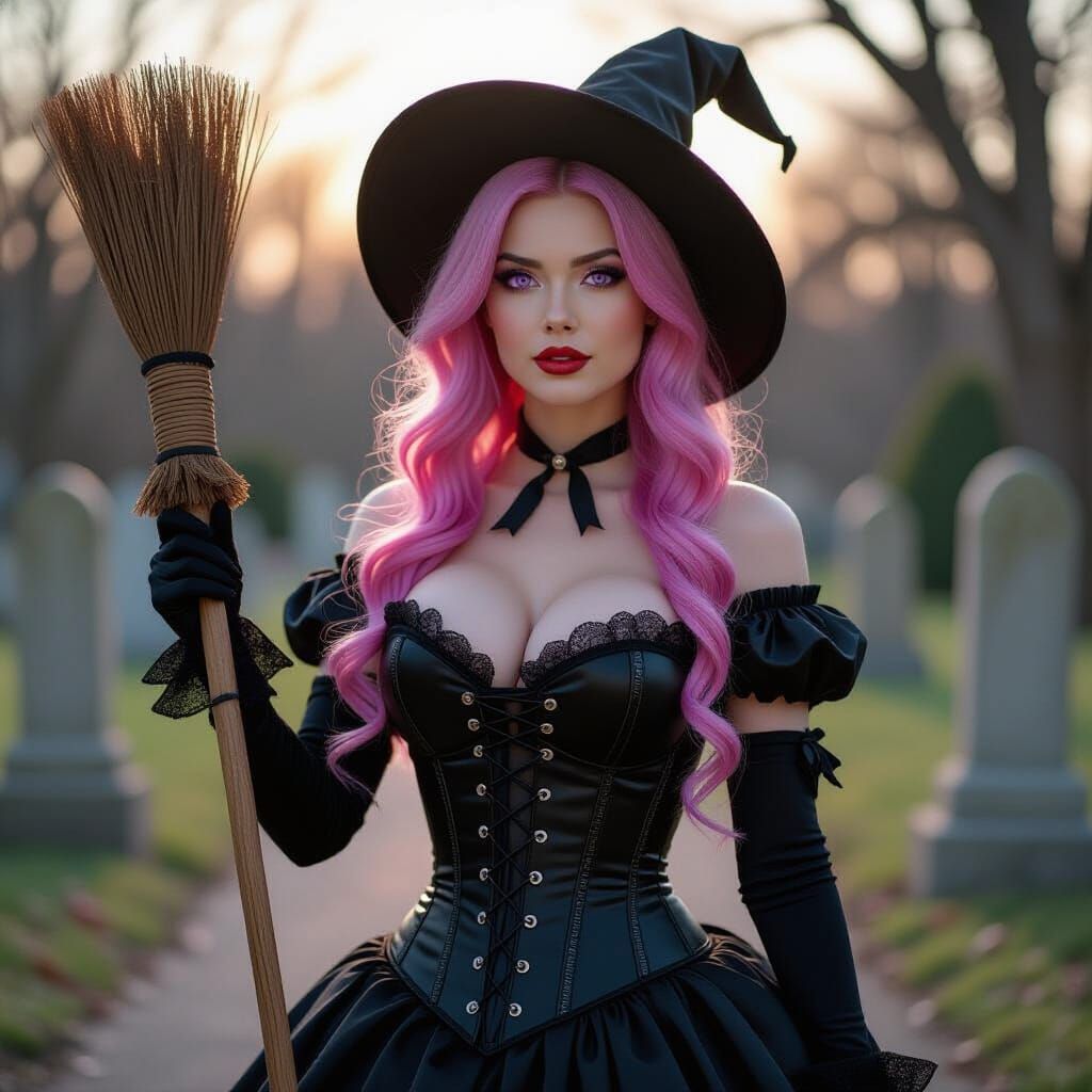 Pin-Up Witch Poses with Broom in Vintage Cemetery