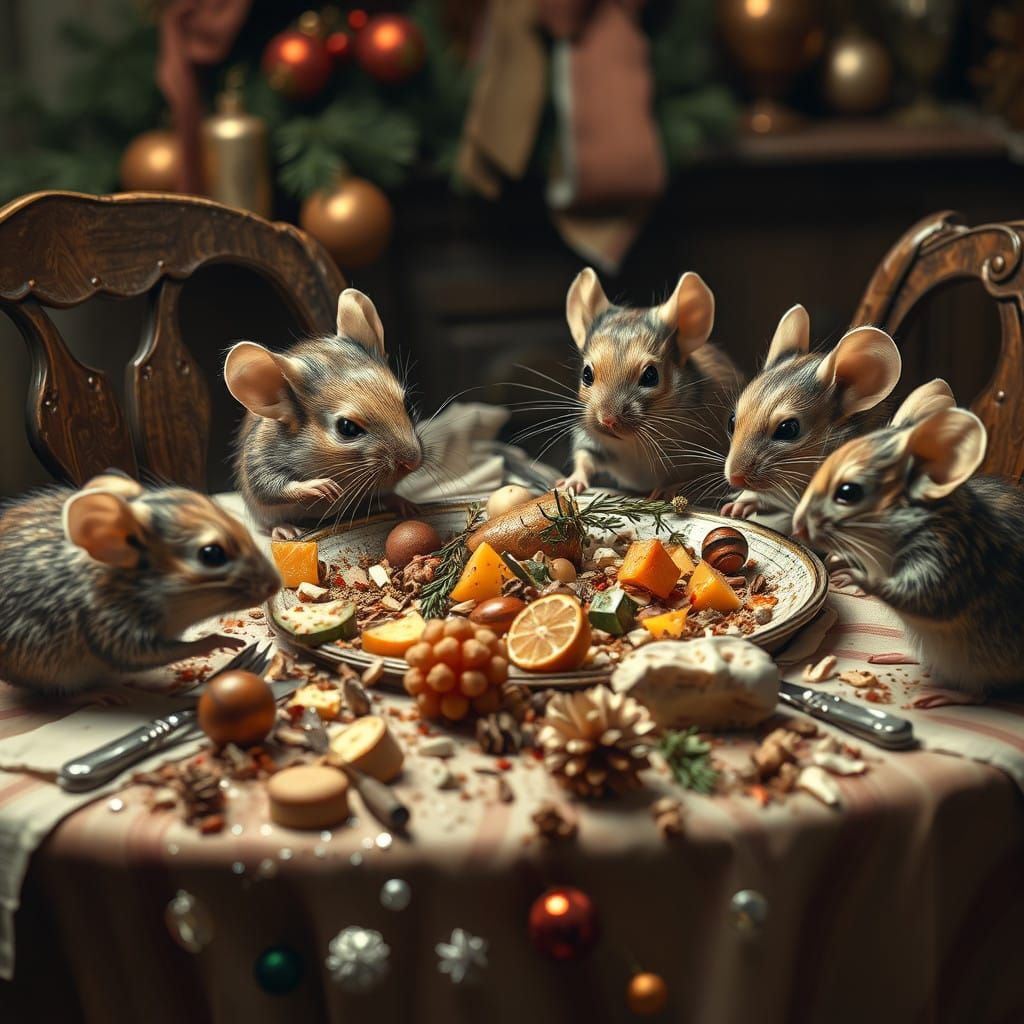 Friendly Mice Feast on Christmas Leftovers in Hyperrealistic...