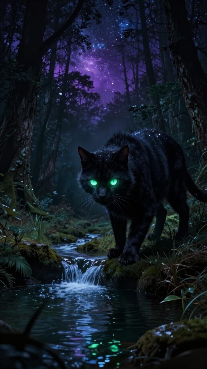 Mystical Forest Night Scene with Shadowy Feline