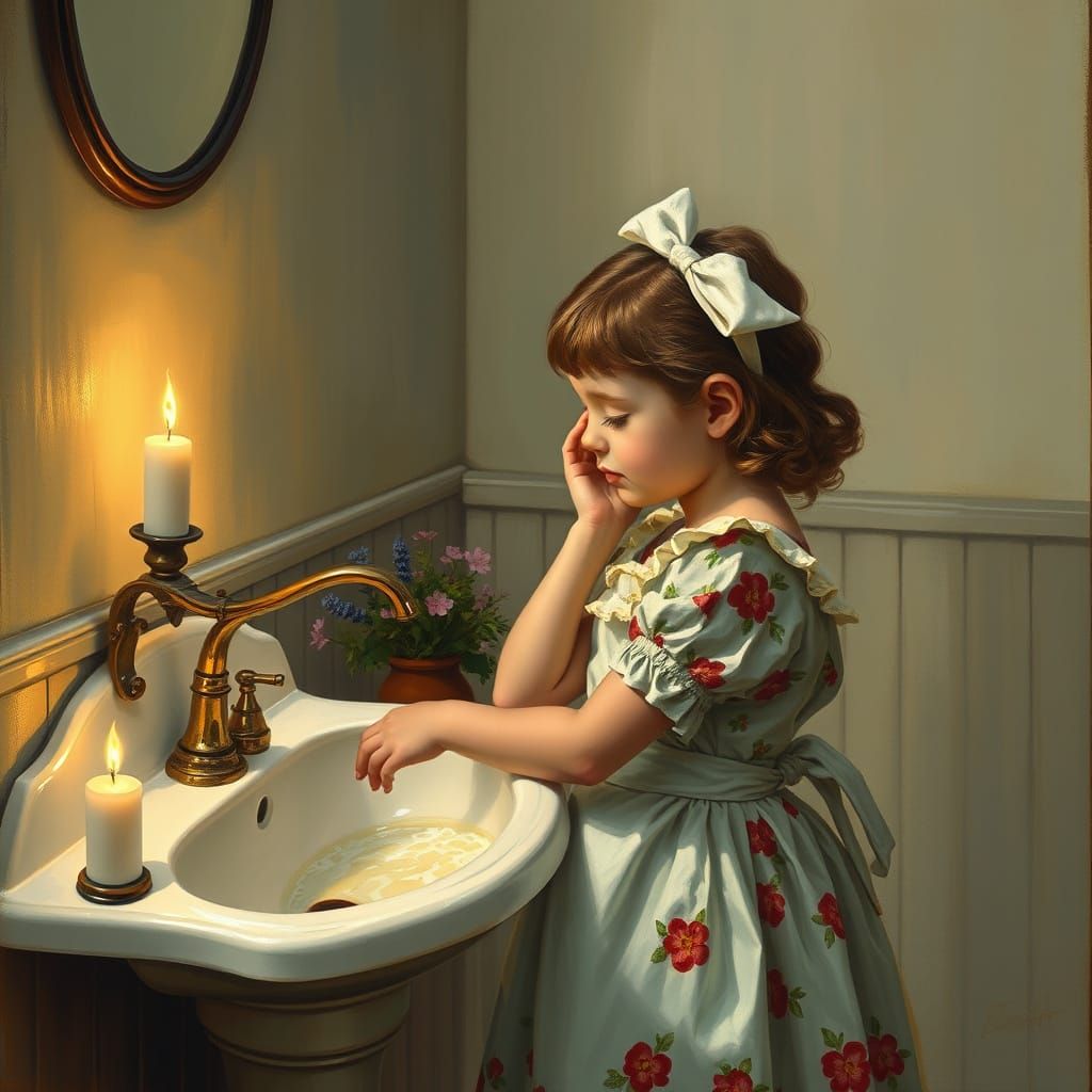 Girl at Sink in Impressionistic Candlelight