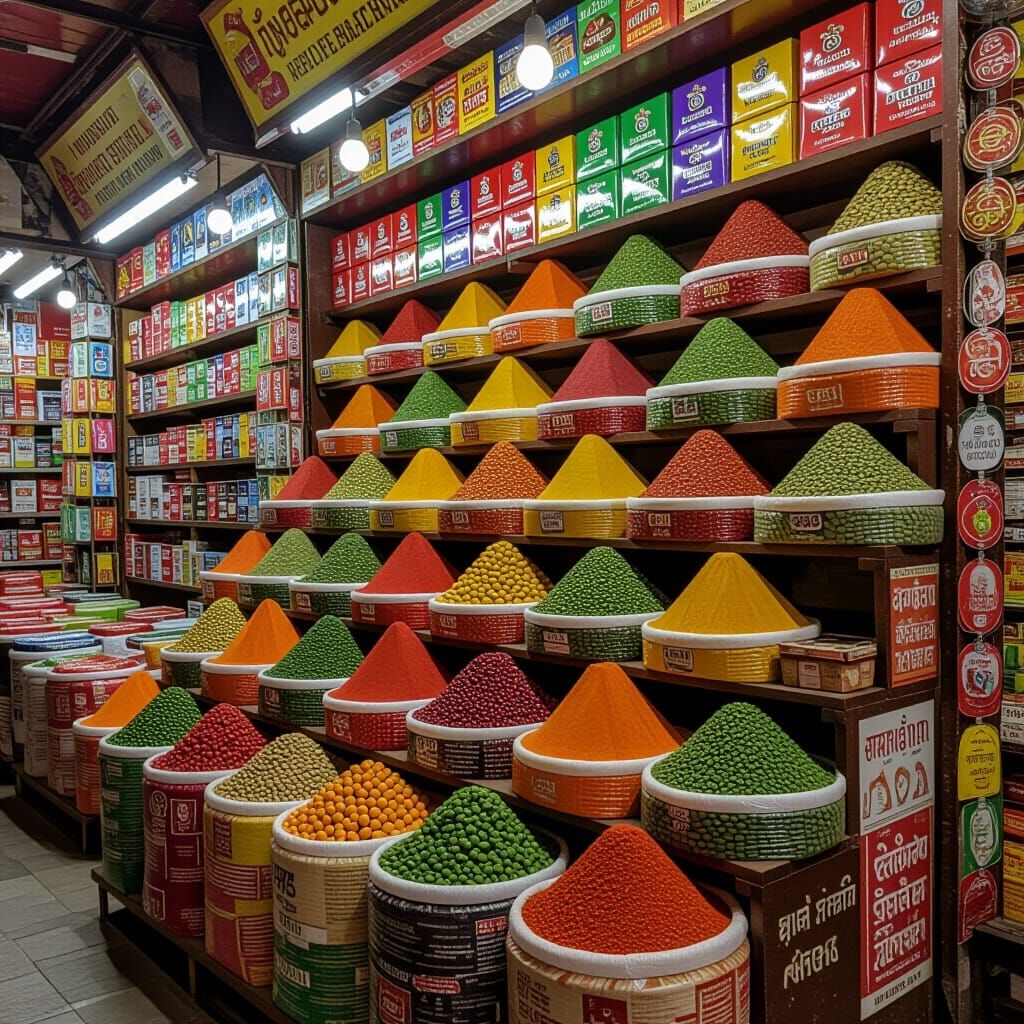 Vibrant Spice Bazaar Shop Displaying Tall Heaps of Spices