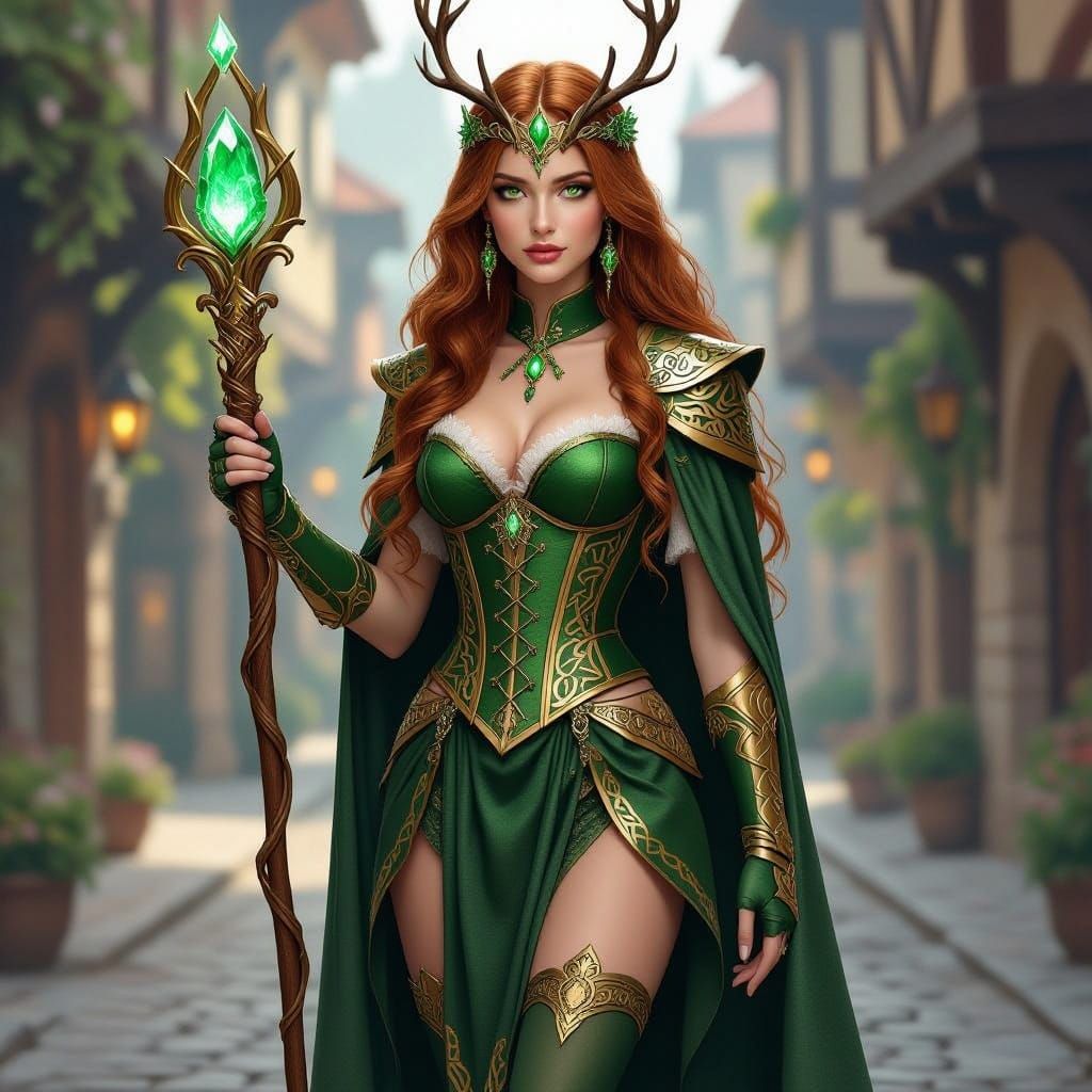 Young Druidess with Emerald Eyes and Staff