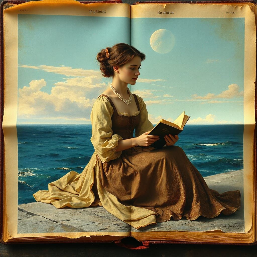 Lady Reading: Painterly Art on Aged Manuscript Pages