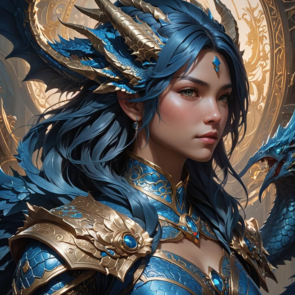 Blue Dragon and Human Bond Portrait in Art Nouveau Style