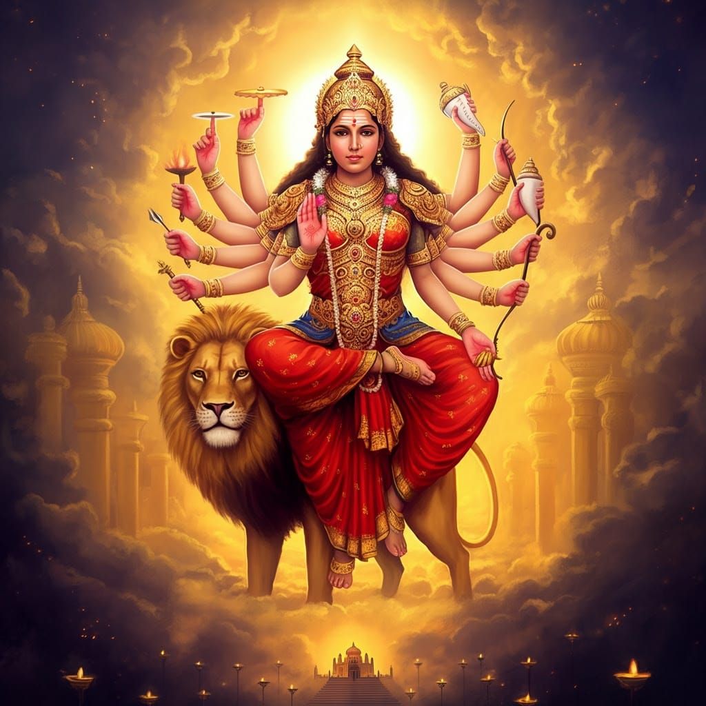 Goddess Chandraghanta Radiates Divine Energy in Golden Cosmi...