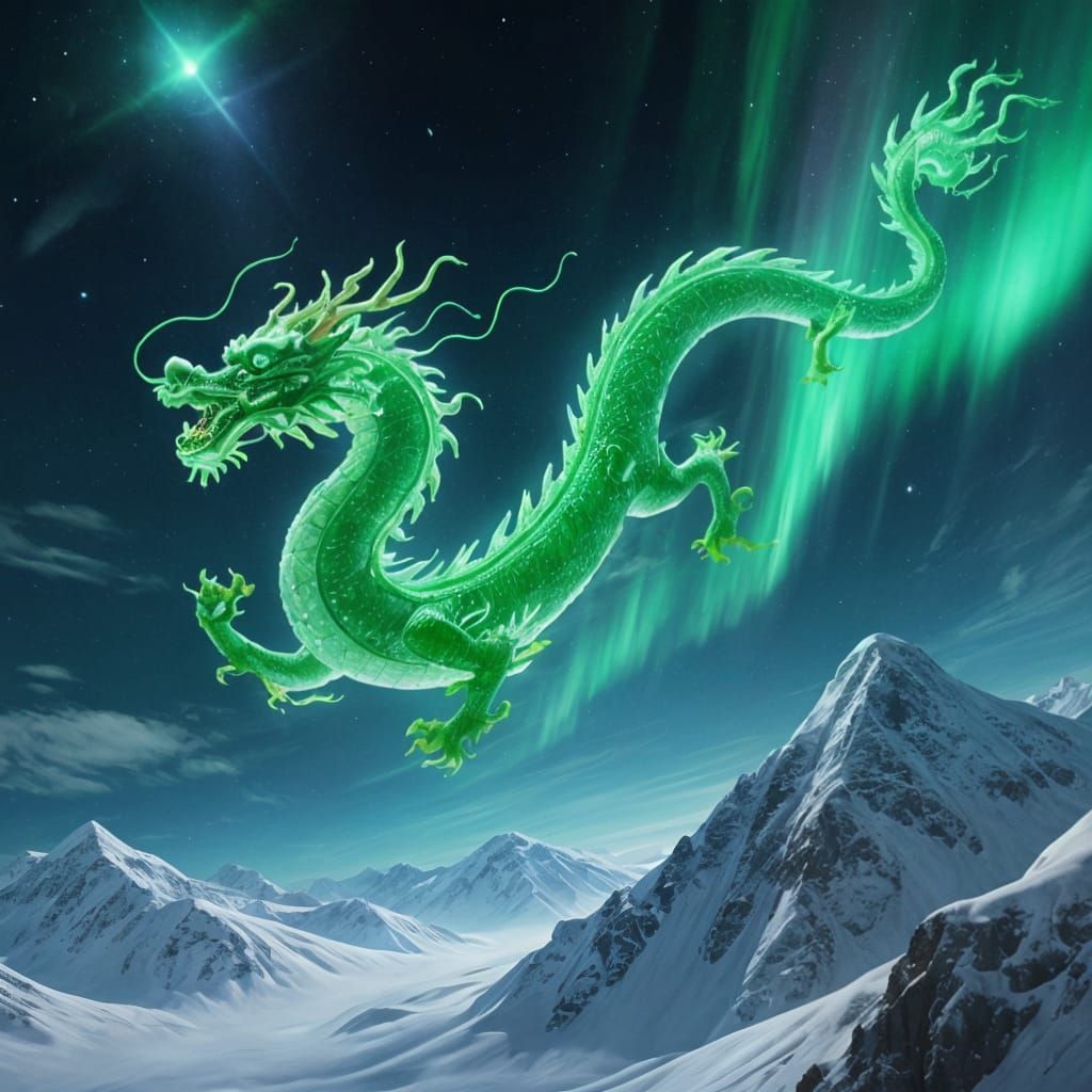 Glowing Green Dragon Soars Through Snowy Mountains