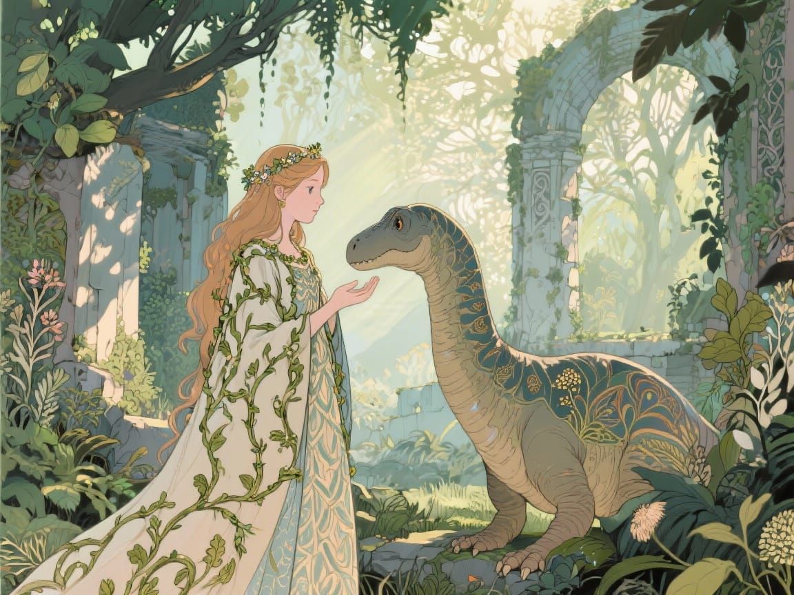 Dinosaur Princess in Lush Ruins, Art Nouveau