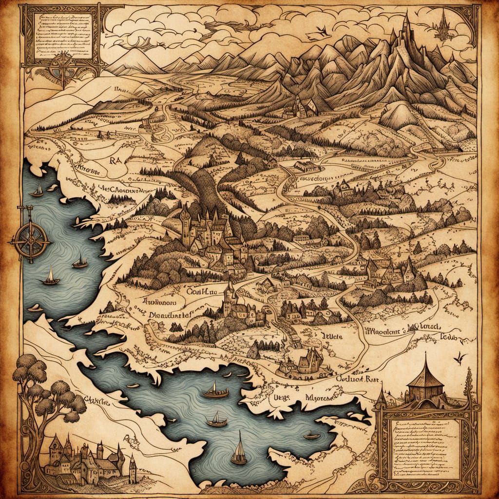 Medieval Map in Intricate Illuminated Manuscript Style